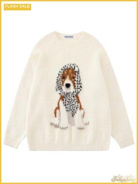 Oversized Crewneck Knit Pullover Sweater Cute Dog Graphic Streetwear
